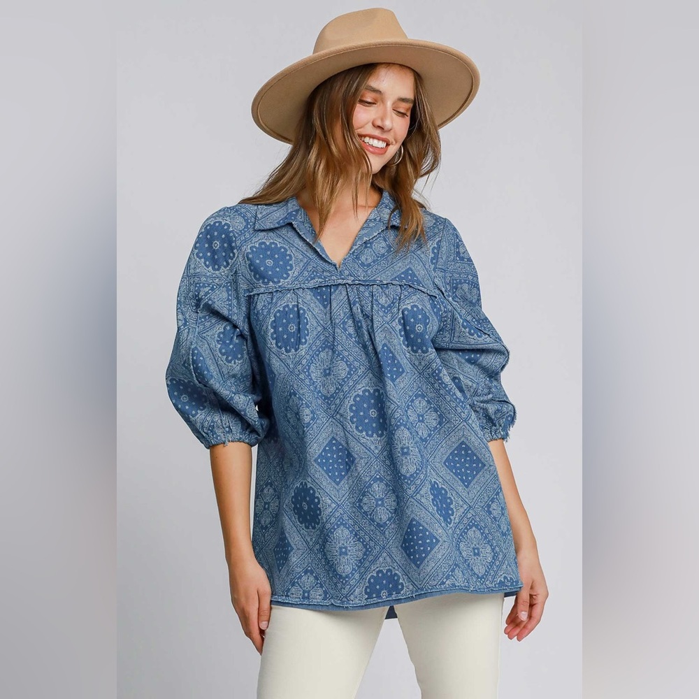 Umgee Blue Printed Peasant Blouse